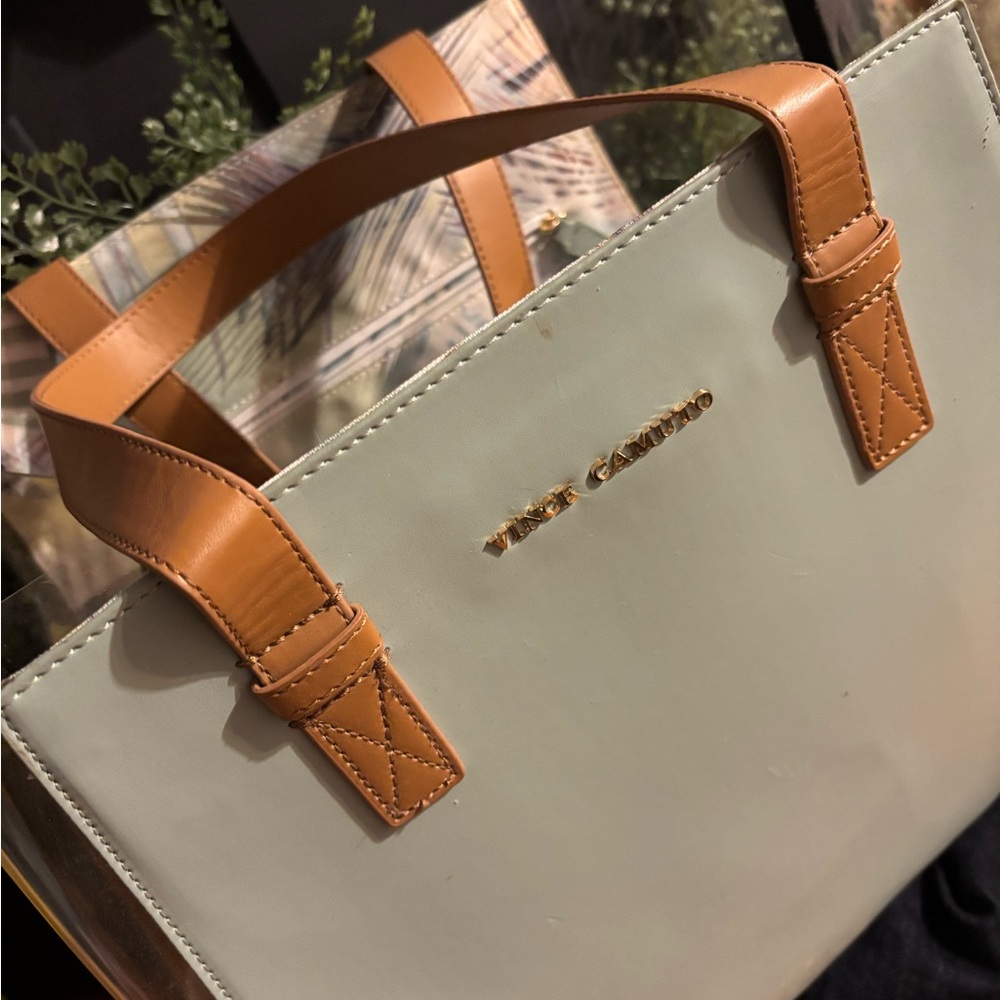 Vince Camuto Tan and Cream Tote Bag w Leave Pattern